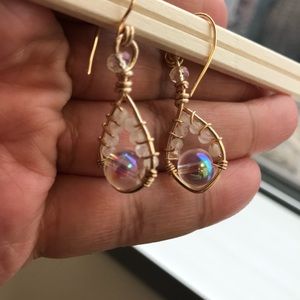 Wire wrapped teardrop moonstone earrings